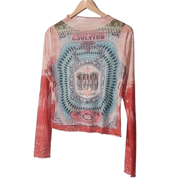 Bank Note Tatoos Nylon Mesh Crop Top M Long Sleeve Punk Goth Streetwear - Picture 3 of 8